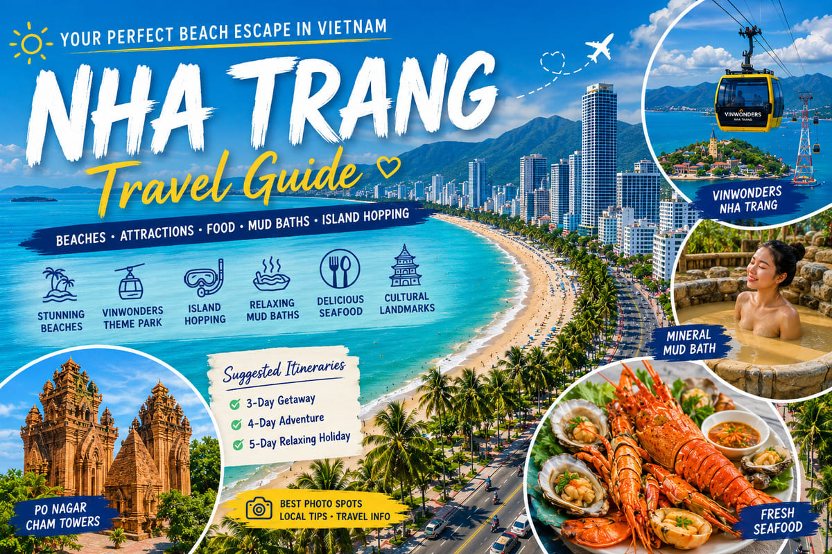 Nha Trang Vietnam beach skyline with turquoise sea, tropical coastline, VinWonders cable car, mud bath and seafood travel guide cover