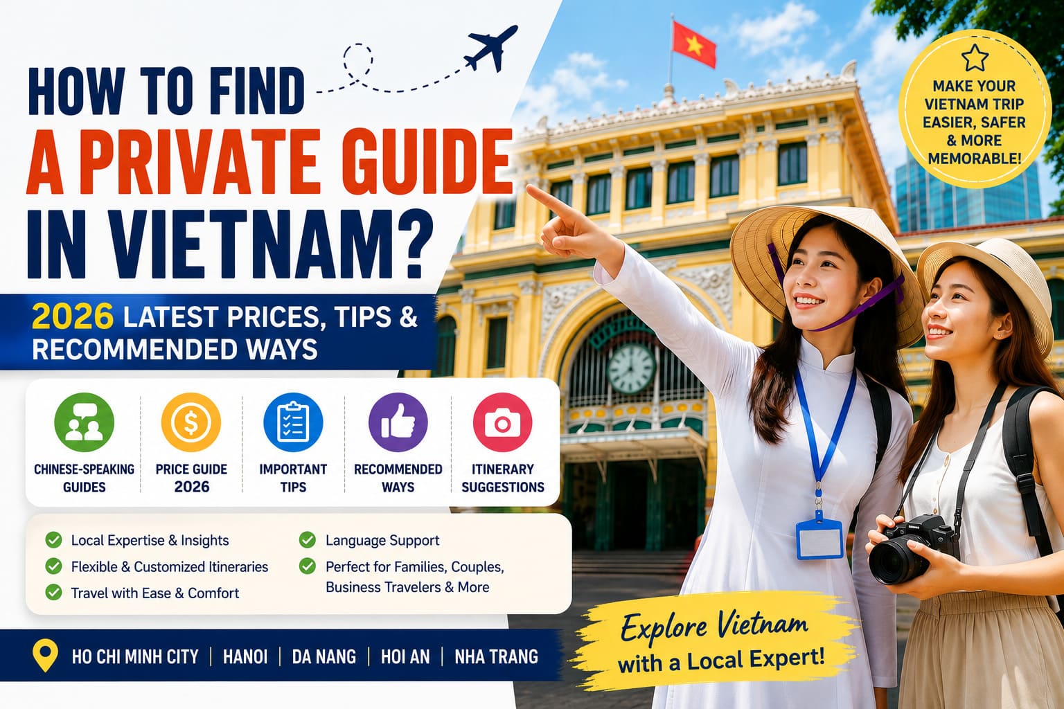 Vietnam private guide and traveler visiting Ho Chi Minh City with a local Chinese-speaking guide