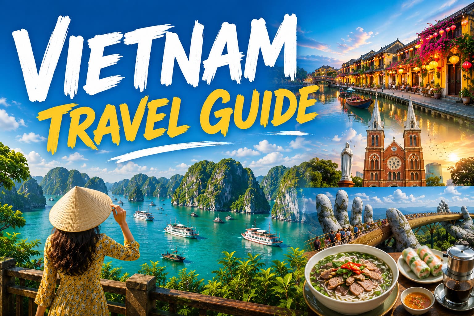 Vietnam travel guide 2026 featuring Ha Long Bay, Hoi An, Da Nang, Ho Chi Minh City and Vietnamese local food